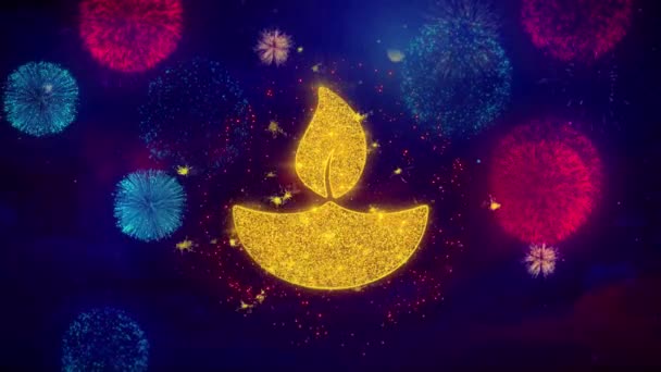 Diya, lamp, Diwali, decoratie, Festival, Indiase pictogram symbool op kleurrijke Fireworks-deeltjes. — Stockvideo