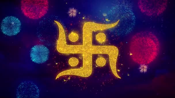 Hinduiska, heliga, indiska, religion, Swastik, hakkors ikon symbol på färgglada fyrverkerier partiklar. — Stockvideo