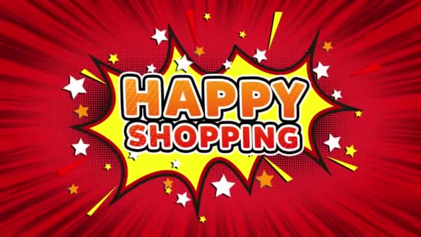 Happy shopping tekst popart stijl komische uitdrukking. — Stockvideo