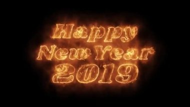 Mutlu Yıllar 2019 Kelime Sıcak Animasyon yanan gerçekçi yangın alev döngü.