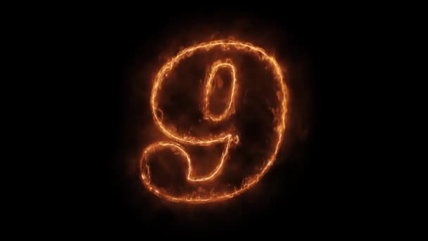 Numero 9 Parola Fuoco realistico ardente animato caldo ciclo fiamma . — Video Stock