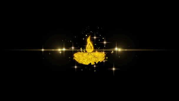 Diwali, diwali diya, lámpara diwali, diya Icono en Glitter Golden Partículas Fuegos artificiales . — Vídeo de stock