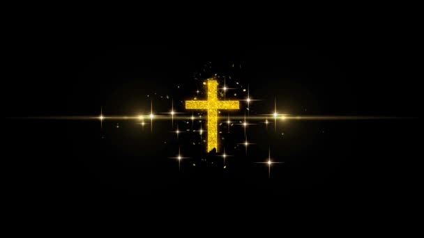 Iglesia Cruz Cristianismo Religión Icono sobre Glitter partículas de oro Fuegos artificiales . — Vídeo de stock
