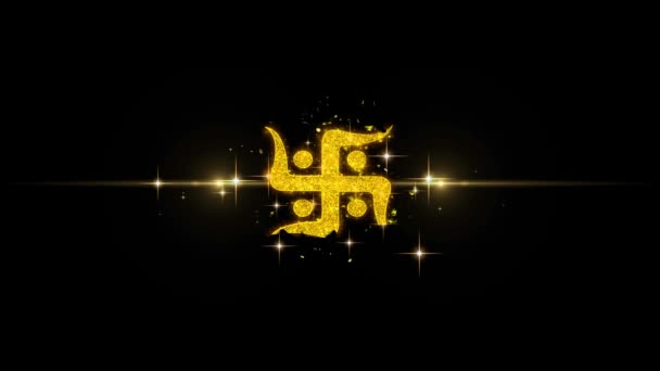 Hindu, holy, indian, religion, swastik, swastika Icon on Glitter Golden Particles Firework. — Stock Video