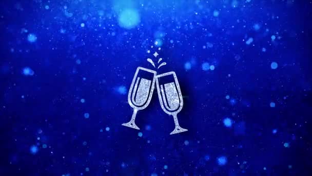 Cheers Celebration toast två glas champagne ikon blinkande glitter glödande glans partiklar. — Stockvideo