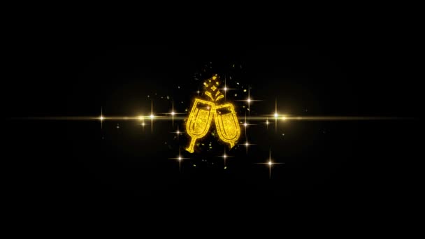 Cheers viering toast twee glazen champagne pictogram op glitter gouden deeltjes vuurwerk. — Stockvideo