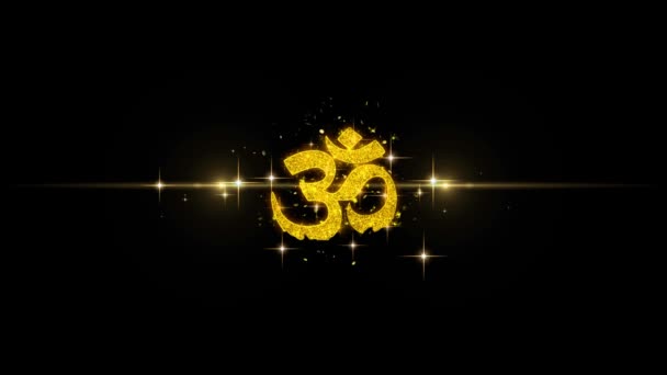 Induismo, meditazione, om, yoga simbolo indù, religione indiana Icona sulle particelle d'oro Glitter Fuochi d'artificio . — Video Stock