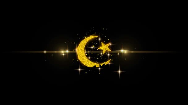 Estrella y media luna símbolo Islam religión icono en brillo oro partículas fuegos artificiales . — Vídeo de stock