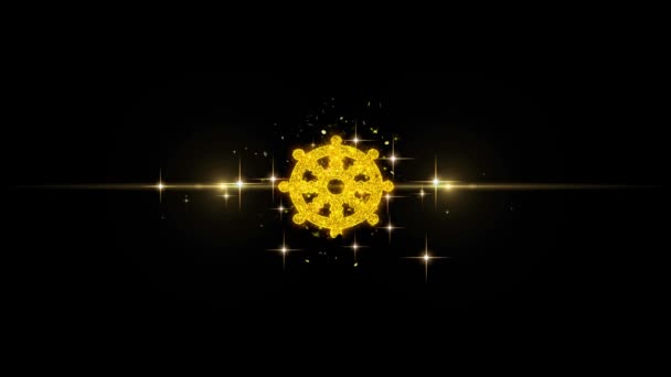 Wheel of Dharma Buddhism religion Icon on Glitter Golden Particles Firework. — Stok Video