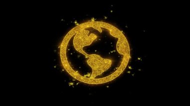 Küre, online, dünya, Harita Earth Simgesi Siyah Arka Plan Üzerinde Parçacıklar Kıvılcımlar.