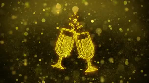 Cheers viering toast twee glazen champagne pictogram gouden glitter glans deeltjes. — Stockvideo