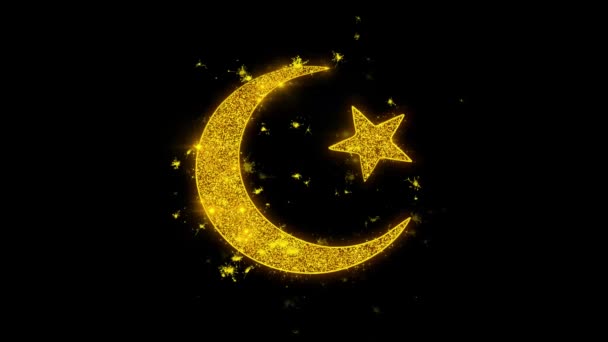 Symbol gwiazdy i półksiężyca islam religia ikona iskry cząstek na czarnym tle. — Wideo stockowe