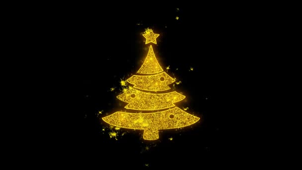 Kerstboom sterpictogram vonken deeltjes op zwarte achtergrond. — Stockvideo