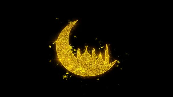 Mesquita Islâmica Lua Ramadã Ícone faíscas partículas no fundo preto . — Vídeo de Stock