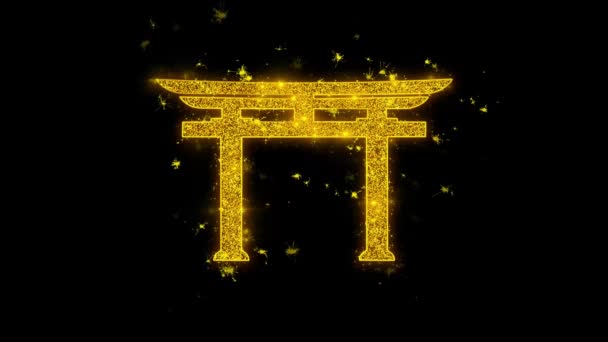 Shinto symbol torii religion icon funkt partikel auf schwarzem hintergrund. — Stockvideo