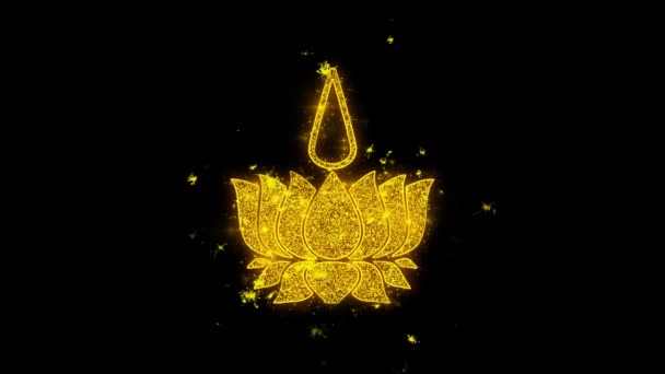 Símbolo religioso Símbolo de Ayyavazhi Faíscas de ícone Partículas no fundo preto . — Vídeo de Stock
