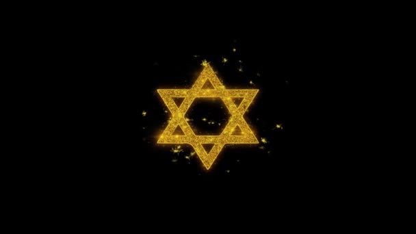 David La estrella judía Religion Icon on Glitter Golden Particles Firework . — Vídeo de stock