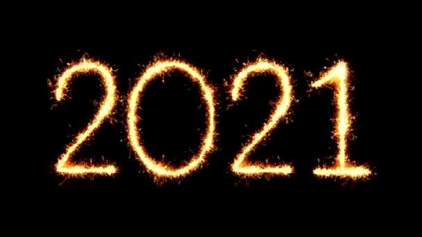 Ευτυχισμένο το νέο έτος 2021 κείμενο σπίθα λάμψη σπινθήρες πυροτέχνημα βρόχο κινουμένων σχεδίων — Αρχείο Βίντεο