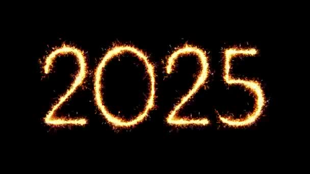 새해 복 주 2025 텍스트 스파클러 반짝이 불꽃 불꽃 루프 애니메이션을 촉발 — 비디오