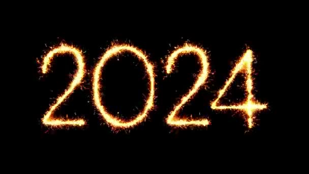 Feliz Año Nuevo 2024 Texto Chispa Chispas Chispa Animación de lazo de fuegos artificiales — Vídeos de Stock