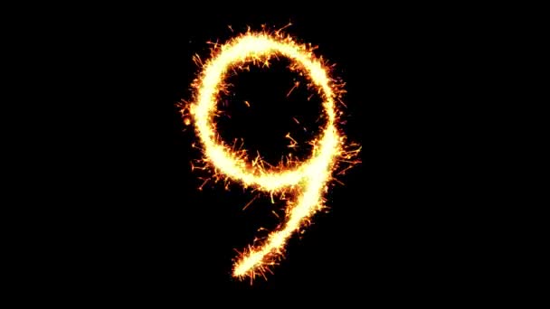 Number 9 Text Sparkler Glitter Sparks Firework Loop Animation — Stock video