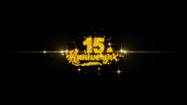15. glückliches Jubiläum goldener Text blinkt Teilchen mit goldenem Feuerwerk — Stockvideo