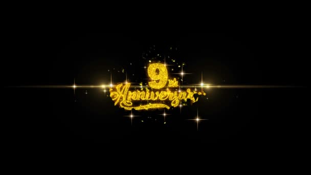 9th Happy Anniversary Golden Text Blinking Particles with Golden Fireworks Display — 图库视频影像