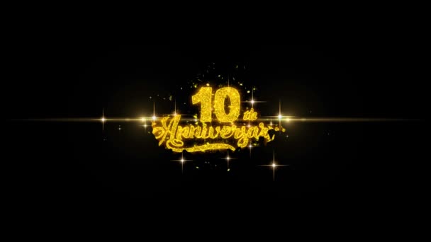 10-я годовщина Золотой текст мигающие частицы с золотым фейерверком отображения — стоковое видео