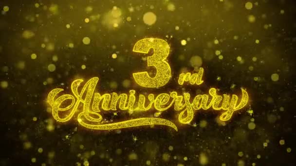 3rd Happy Anniversary złoty tekst migające cząstki z Golden Fireworks Display — Wideo stockowe