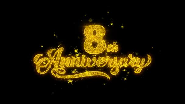 8º aniversario feliz tipografía escrita con partículas doradas chispas fuegos artificiales — Vídeo de stock
