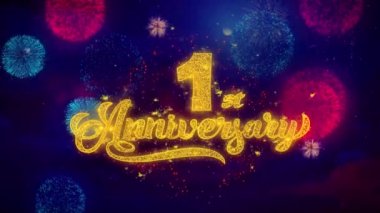 1 Mutlu Yıldönümü Tebrik Metin Parıltı Parçacıklar Renkli Havai Fişek
