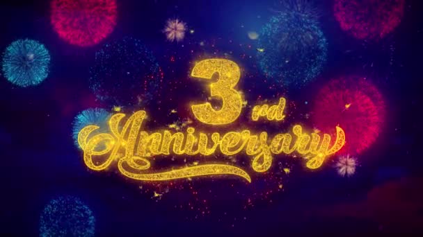 3rd Happy Anniversary Greeting Text Sparkle Particles on Colored Fireworks — Stock Video