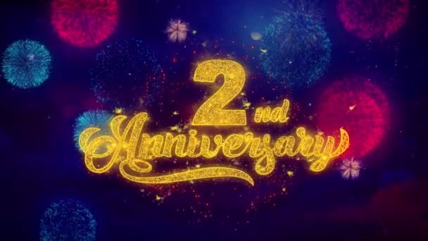 2nd Happy Anniversary powitanie tekst Sparkle cząstek na kolorowe fajerwerki — Wideo stockowe