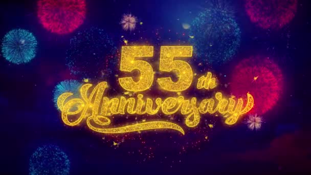 55th Happy Anniversary Greeting Text Sparkle Particles on Colored Fireworks — Stock Video