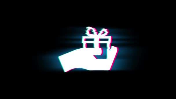 Födelsedag, låda, gåva, giftbox, hand, ge symbol på glitch Retro vintage animation. — Stockvideo