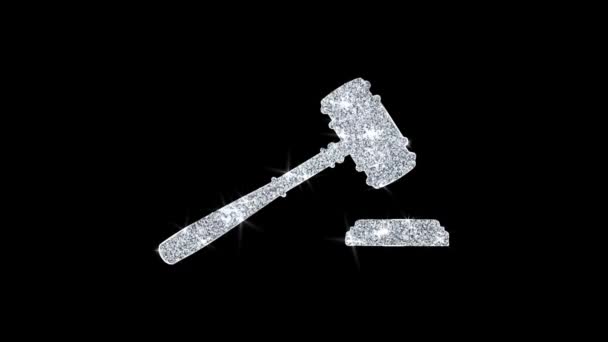 Justitie, hamer rechter rechtbank, wet icon Shining glitter lus knipperende deeltjes . — Stockvideo