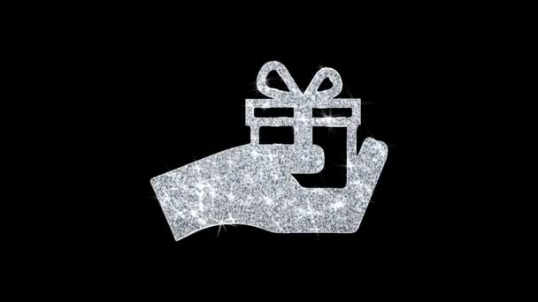 Verjaardag, vak, geschenk, giftbox, hand, geven icon Shining glitter lus knipperende deeltjes . — Stockvideo