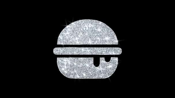 Burger, Cheeseburger, Fast-Junk-Food-Ikone glitzernde Glitzerschleife blinkende Teilchen . — Stockvideo