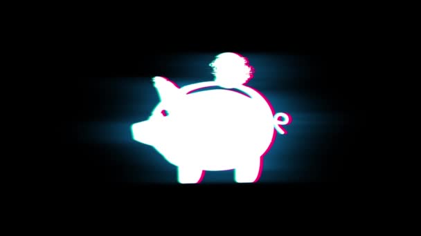 Piggy Bank érme Symbol a glitch retro vintage animáció. — Stock videók