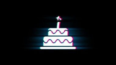 Glitch Retro Vintage Animasyon Doğum Günü Pastası Sembolü.