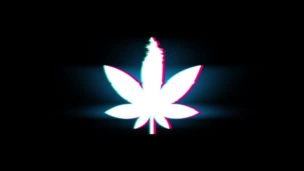 Marijuana Leaf Symbol on Glitch Retro Vintage Animation. — Stock Video