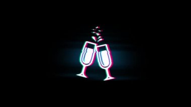 Cheers Kutlama Tost Glitch Retro Vintage Animasyon İki Gözlük Şampanya Sembolü.