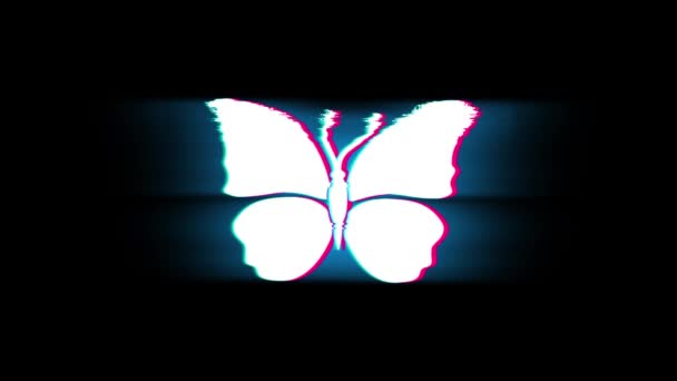 Butterfly And Bee Symbol on Glitch Retro Vintage Animation. — Stock Video