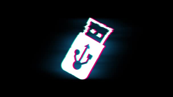 글리치 레트로 빈티지 애니메이션에 USB 플래시 드라이브 기호. — 비디오