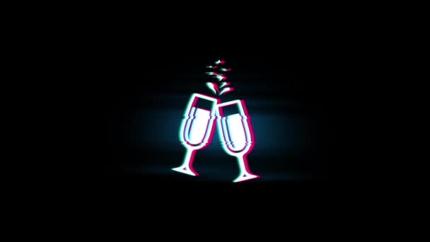 Cheers Celebration toast två glas champagne symbol på glitch Retro vintage animation. — Stockvideo