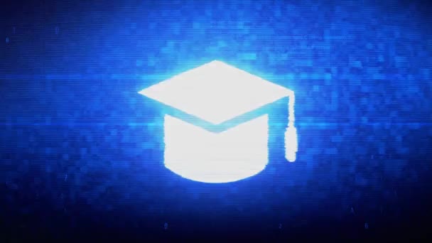 Educación, casquillo de graduación, sombrero de la universidad Símbolo Digital Pixel Noise Error Animación . — Vídeos de Stock