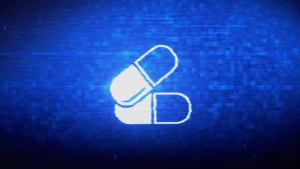 Kapsułka medycyna tabletka symbol cyfrowy piksel szum błąd animacja. — Wideo stockowe