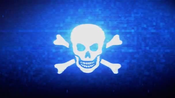 Totenkopf und Kreuzknochen Symbol digitale Pixel Rauschfehler Animation. — Stockvideo