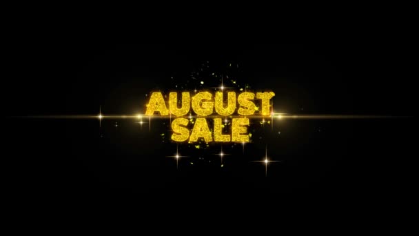 Agosto Venda de texto Revele no brilho dourado Partículas Fogos de artifício . — Vídeo de Stock