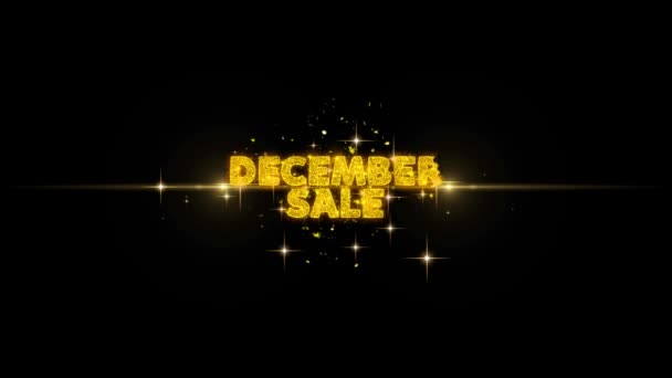 Dezember Verkauf Text enthüllen auf glitzernden goldenen Teilchen Feuerwerk. — Stockvideo